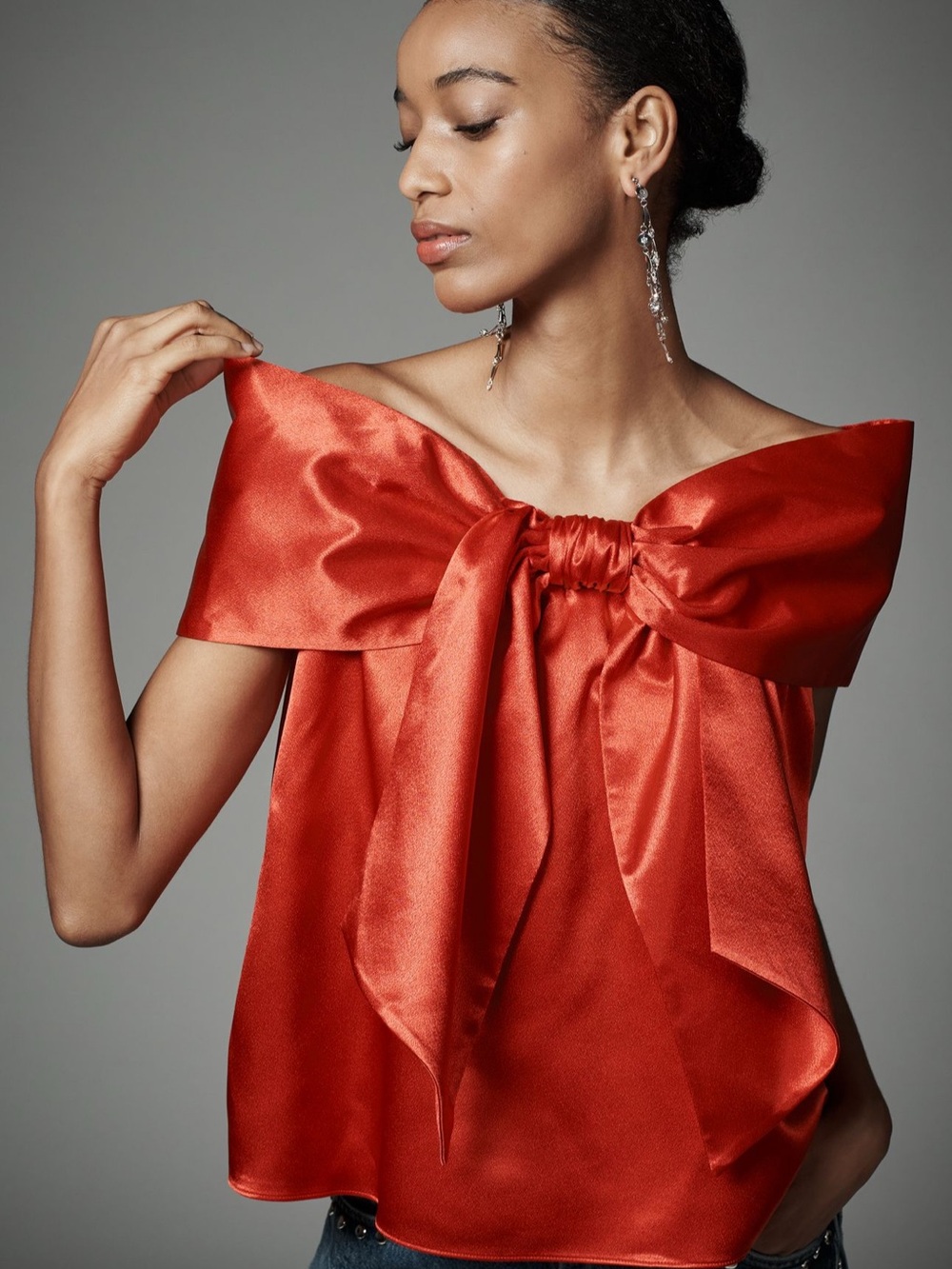 Red Bow-Detail Satin Off-Shoulder Top